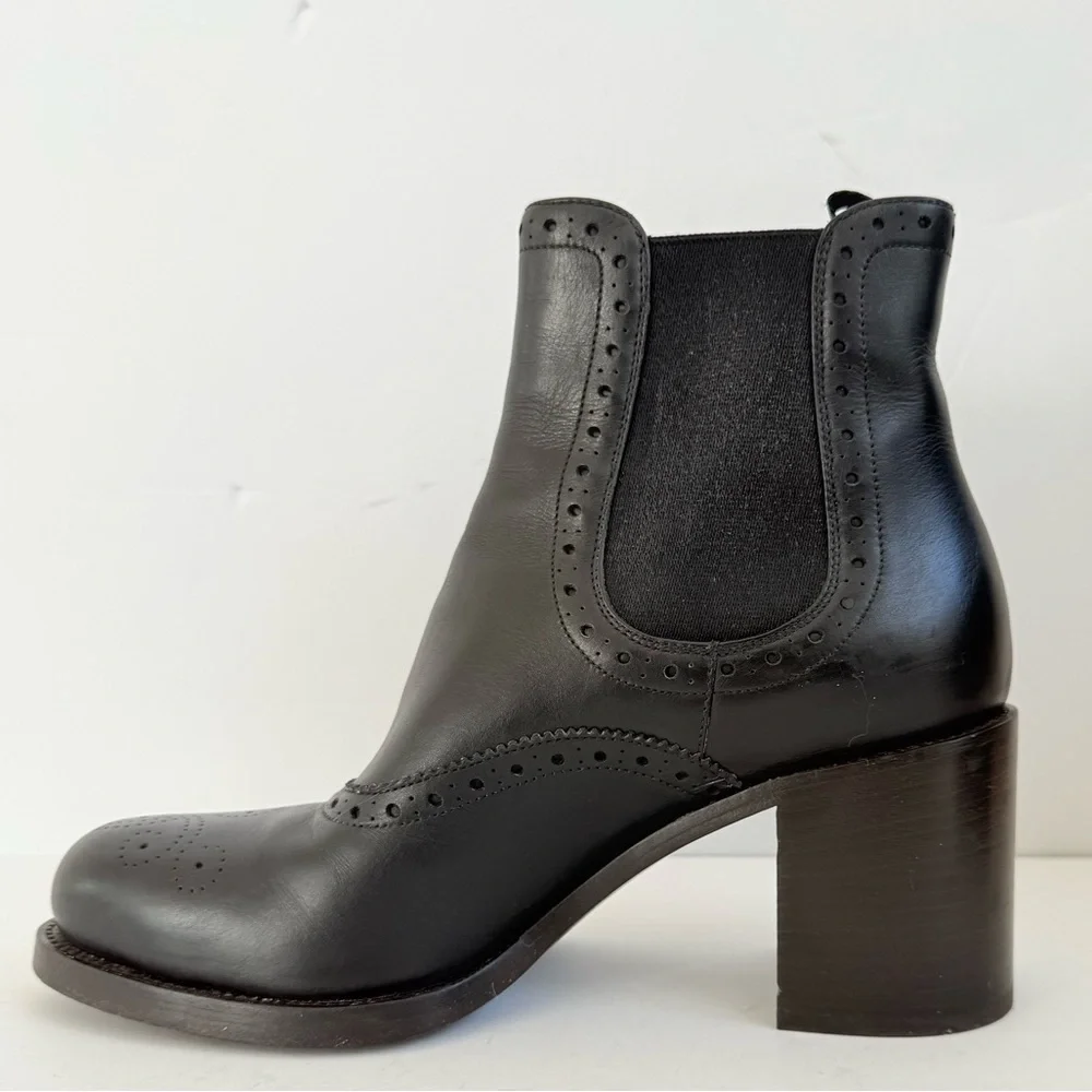 Prada Milano Black Leather Brogue Chelsea Ankle Boots Block Heels EU 39